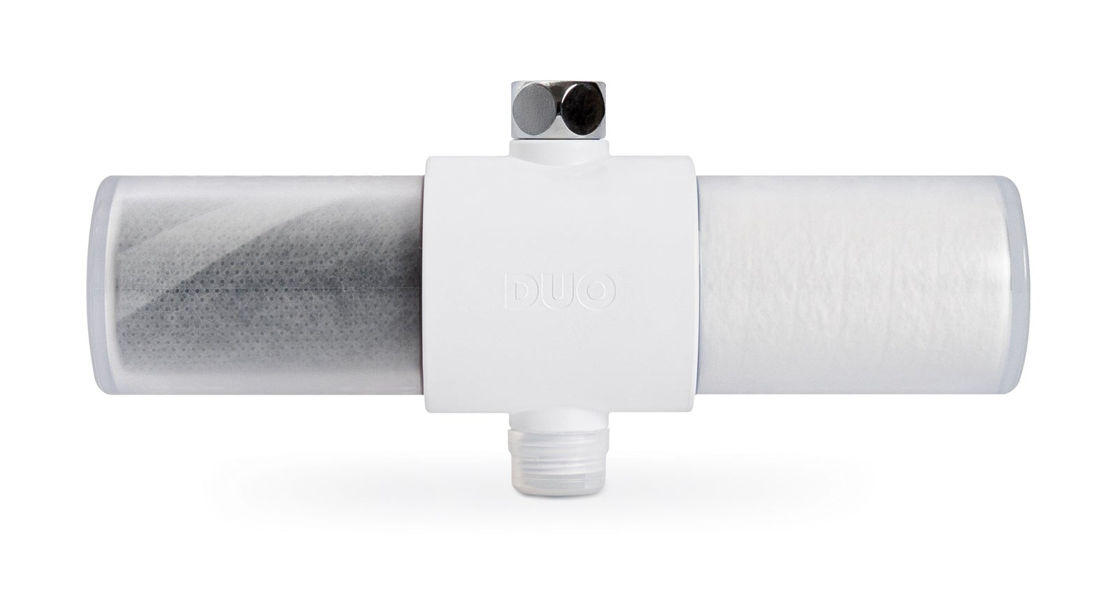 Weddell Duo in Arctic White, showing two transparent filter cartridges and chrome connector