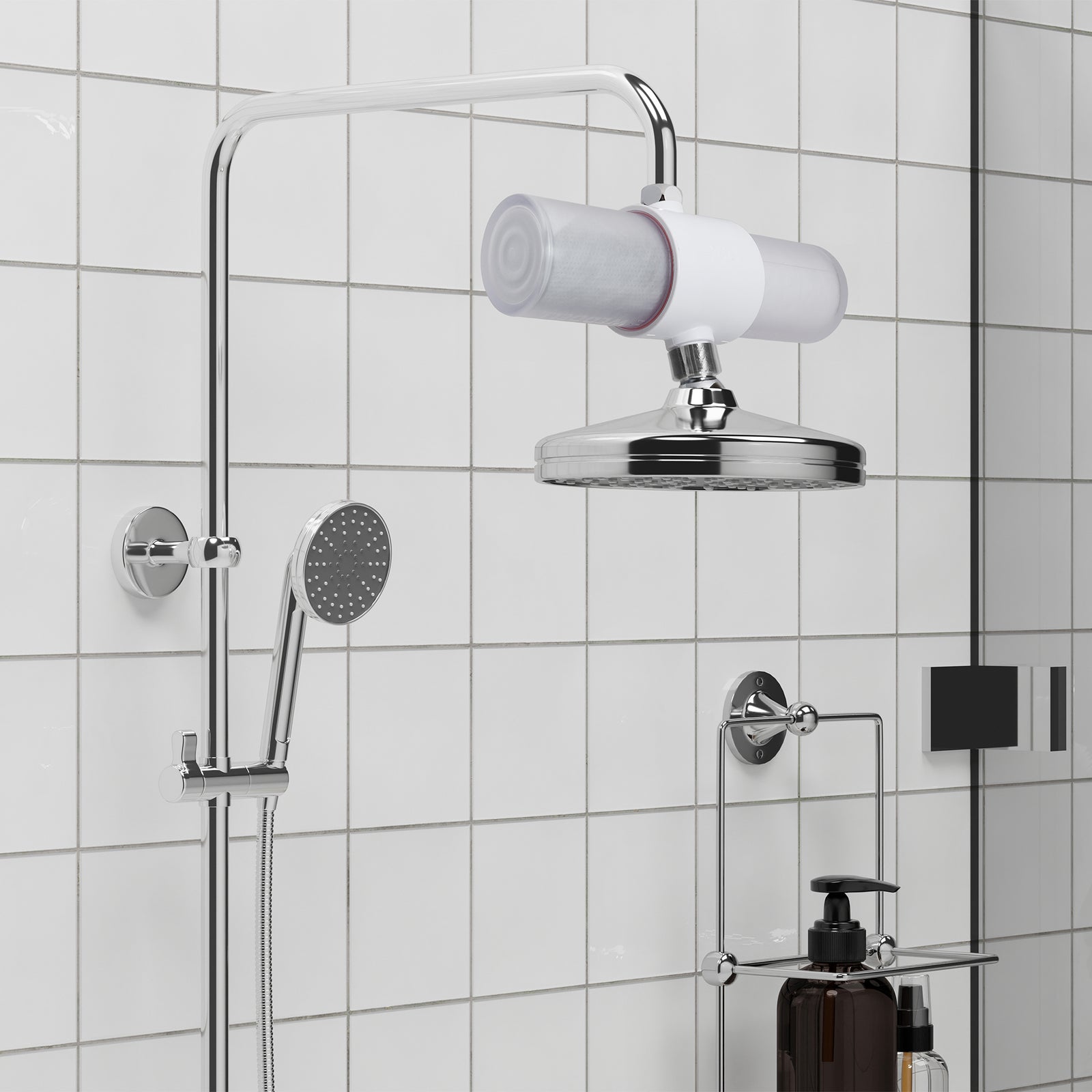 The genuine Weddell Duo in Arctic White fitted to a rainfall shower in a contemporary bathroom