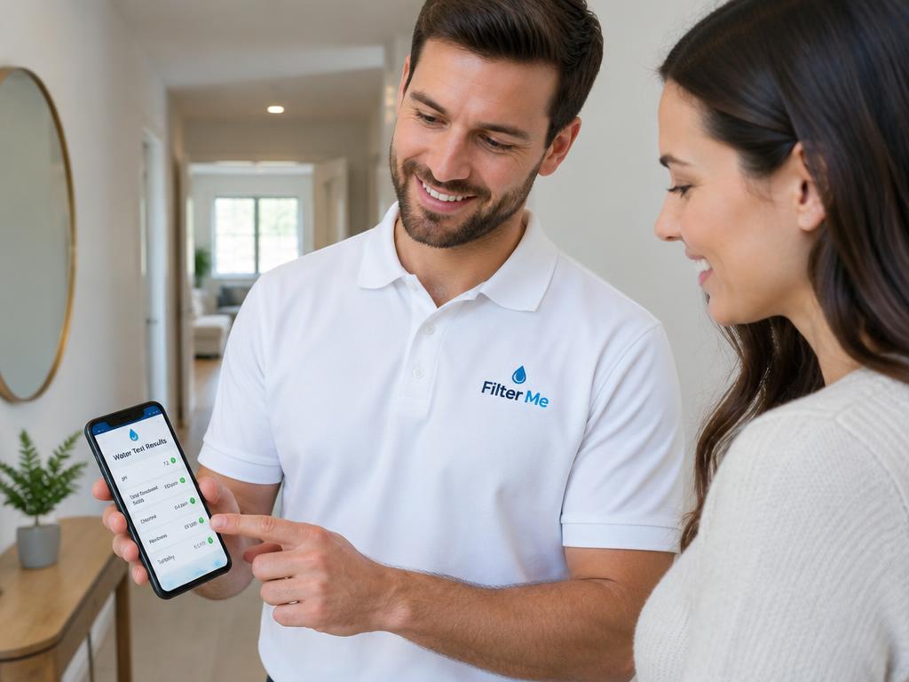 A Filter Me technician walking a customer through her water test results on a phone